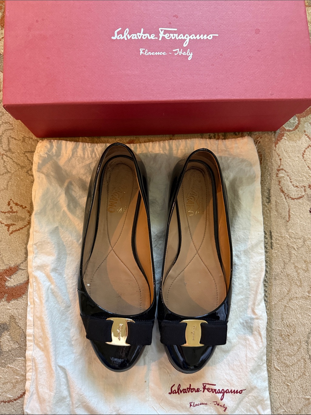 Salvatore Ferragamo Black Patent Leather Varina Ballet Flats W/ Dust Bag And Box